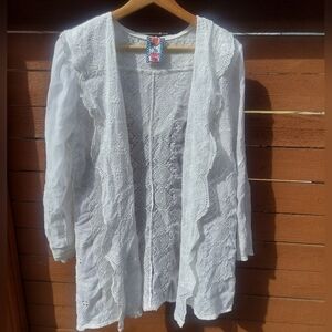 Johnny Was White Eyelet Hooded Cardigan Beach Coverup O/S Enbroidery